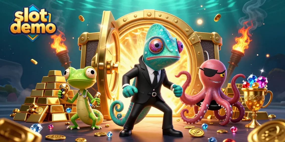 Slot demo menampilkan agen chameleon, gecko, dan gurita dalam aksi permainan kasino.