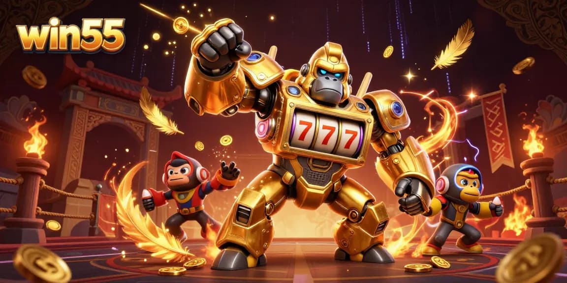 Experience the excitement of win55 with a dynamic 3D illustration featuring a golden gorilla mech and engaging casino elements.
