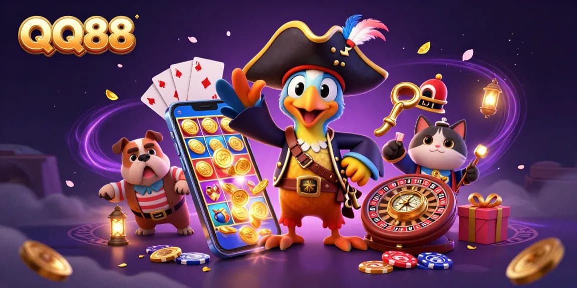 Experience thrilling casino action with QQ88's vibrant scene featuring characters and iconic gaming elements.