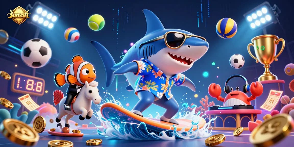 Sunwin brings excitement as a hammer-head shark surfs gold coins amidst sporting elements in this vibrant scene.
