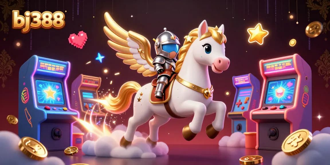 Engage with the vibrant bj388 casino scene featuring a celestial horse and knight amidst dynamic gaming elements.