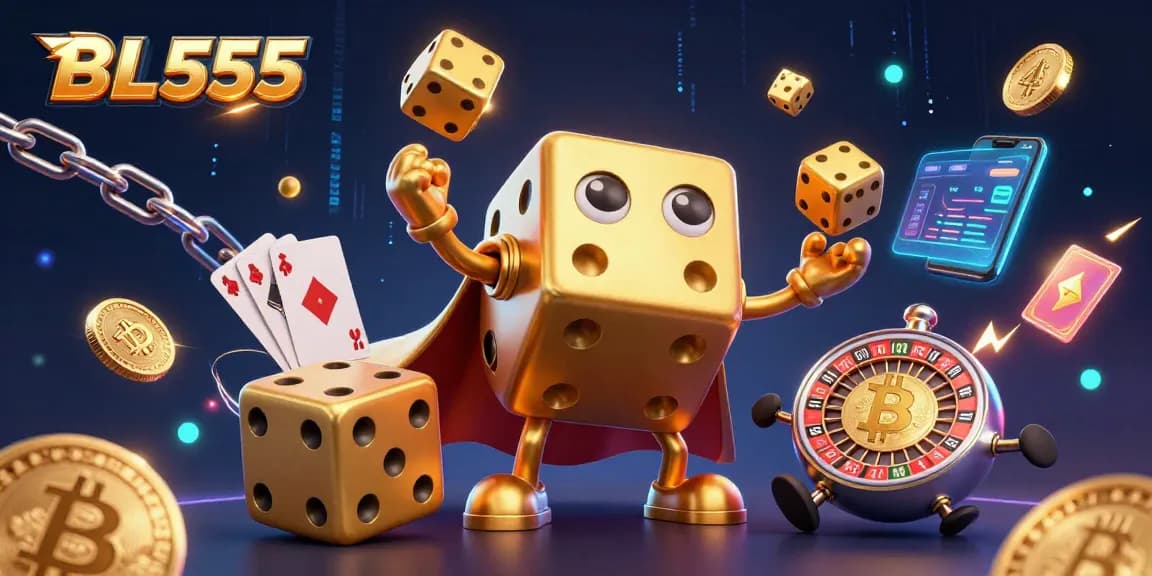 Engage with BL555's vibrant gaming universe featuring animated golden dice and crypto coins.