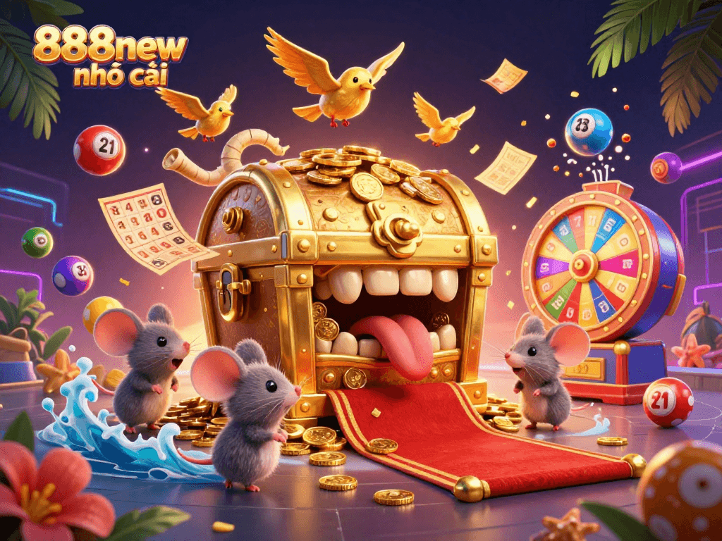 Engage with 888new nhà cái through a vibrant and dynamic casino-themed illustration filled with treasures and game elements