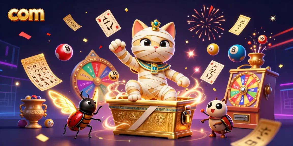 Experience thrilling moments with com in this vibrant casino-themed illustration featuring a mummy cat.