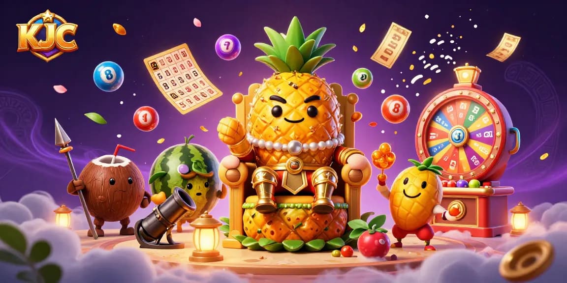KJC Casino scene with a golden pineapple king, coconut guards, and vibrant lottery elements enhancing excitement.