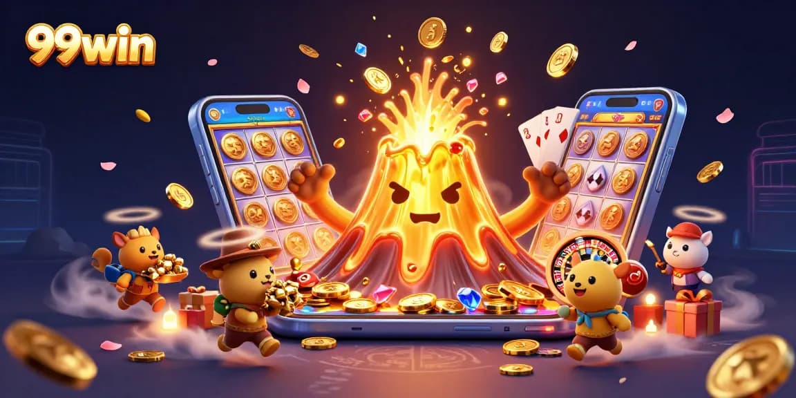 Experience thrilling wins with 99win's vibrant casino adventures featuring a golden volcano and treasures.