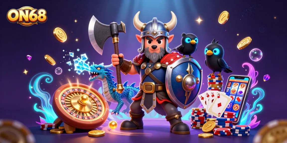 ON68 brings excitement to online gaming with dynamic characters and captivating casino elements in a vibrant scene.