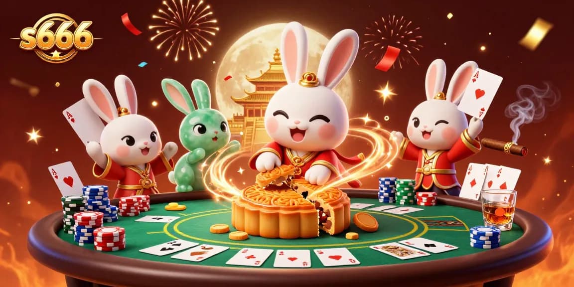 s666 casino illustration with a moon rabbit celebrating success with poker chips and festive elements.
