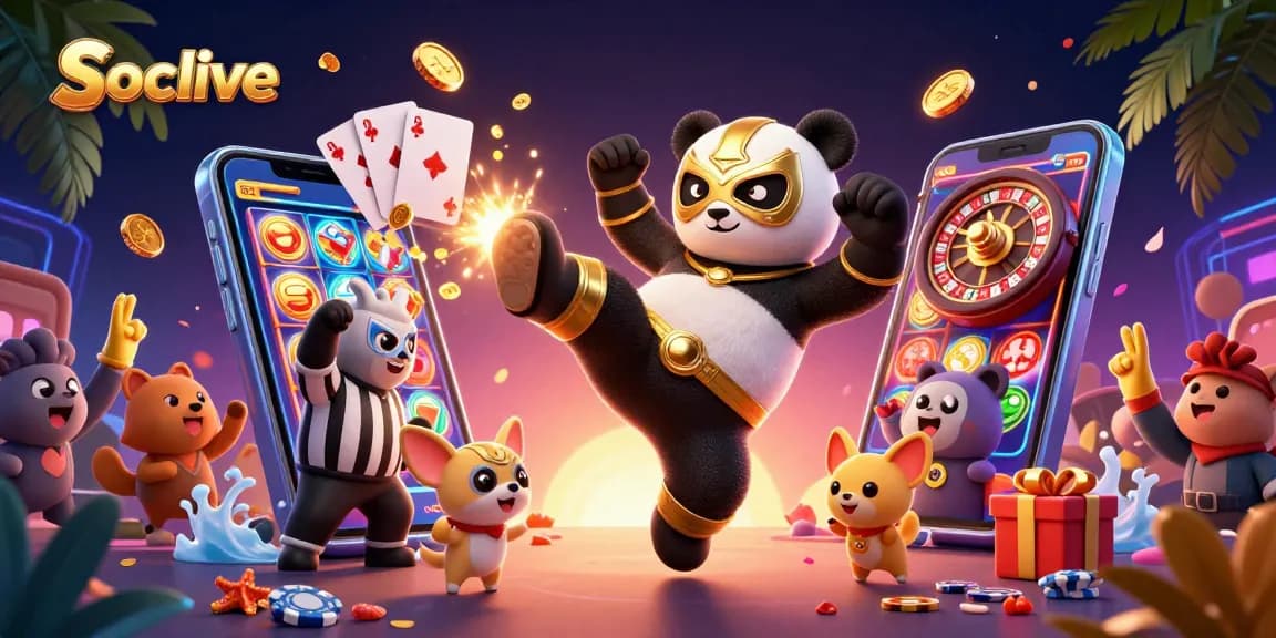 Socolive offers a thrilling experience with vibrant game elements, featuring a wrestling panda and cheering animal fans.