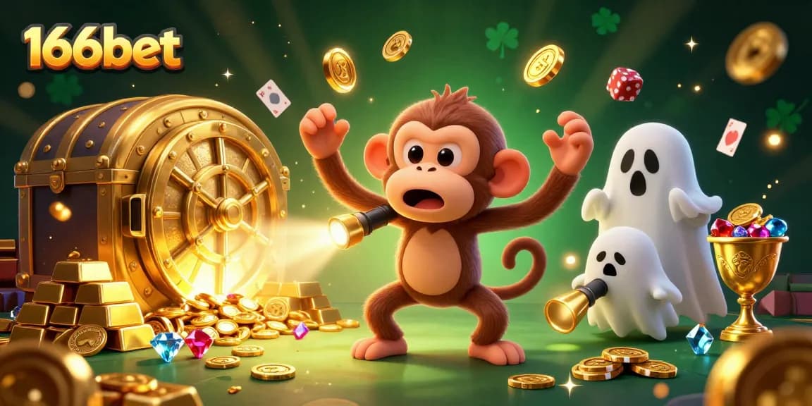Engage with 166bet's playful poltergeist monkey and ghost-hunter puppy in a vibrant casino illustration filled with treasures.