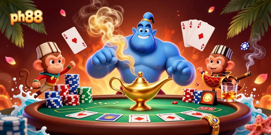 Engage with ph88 gaming thrills in a vibrant 3D illustration featuring a blue genie, poker elements, and festive atmosphere.