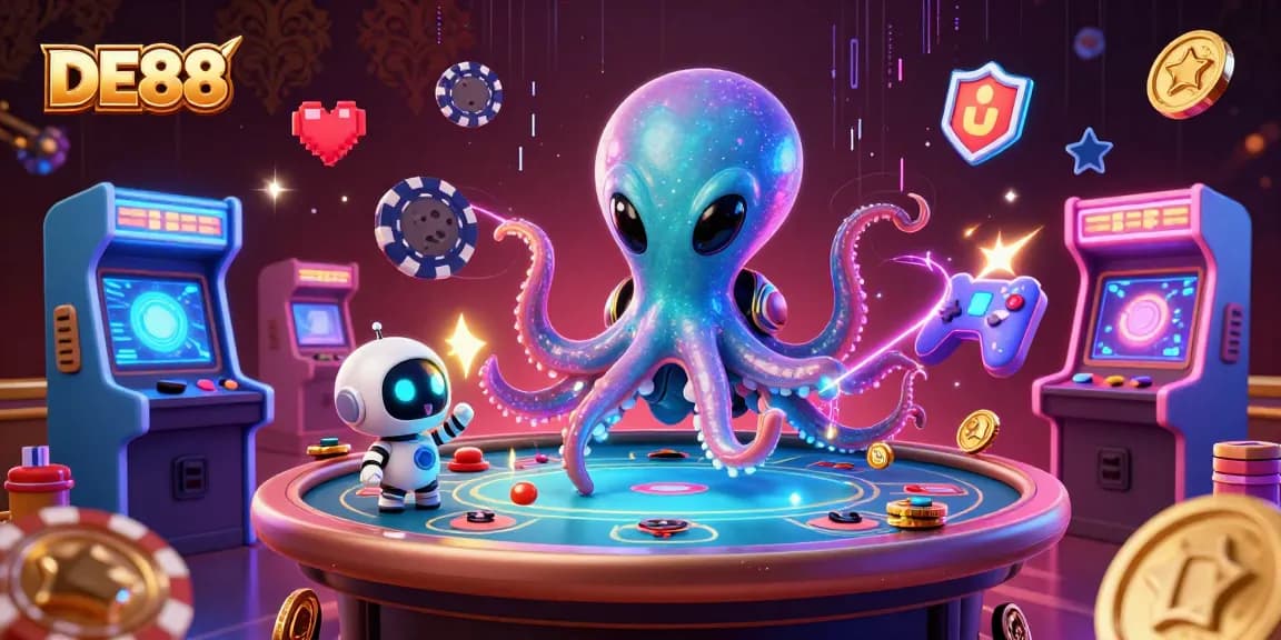 Engage with DE88's exciting alien octopus casino scene, featuring holographic poker tables and vibrant gaming elements.