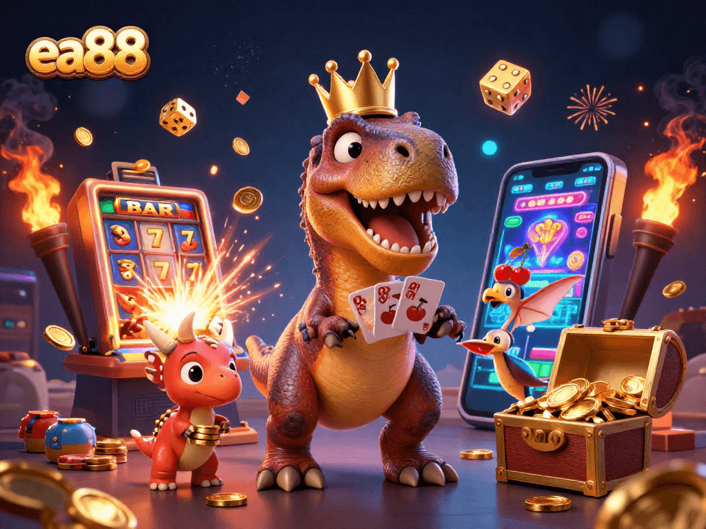 ea88 T-Rex and friends engaging in a colorful casino scene filled with jackpots and treasures
