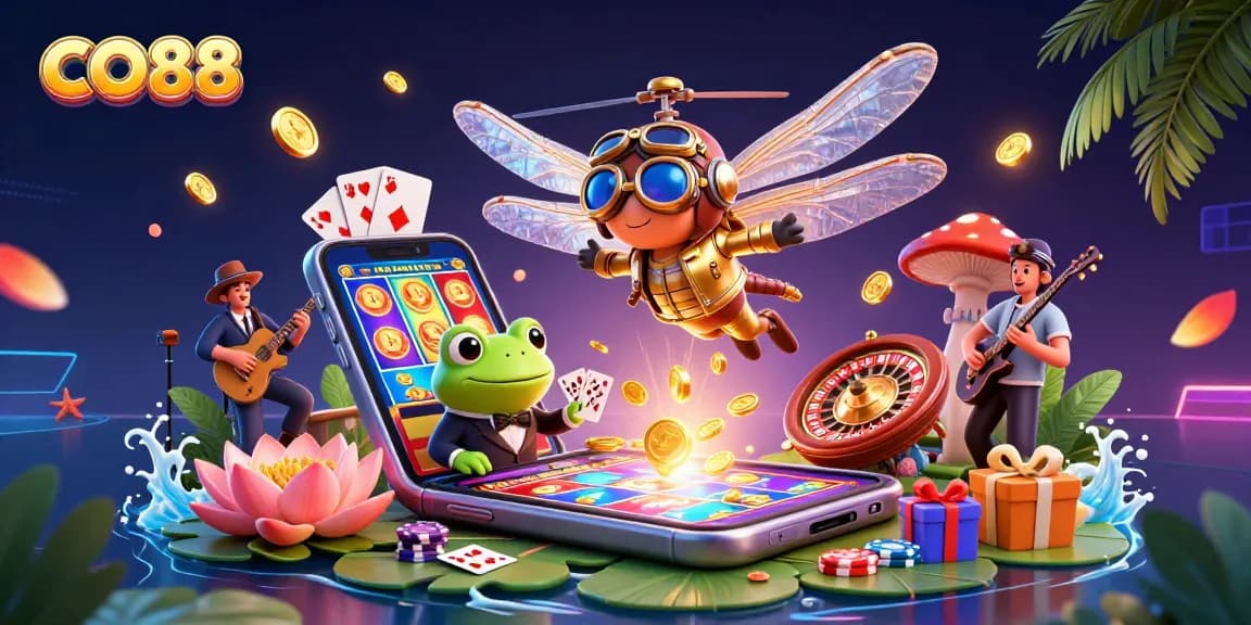 Experience thrilling casino action at CO88 with a dynamic dragonfly pilot and frog croupier.