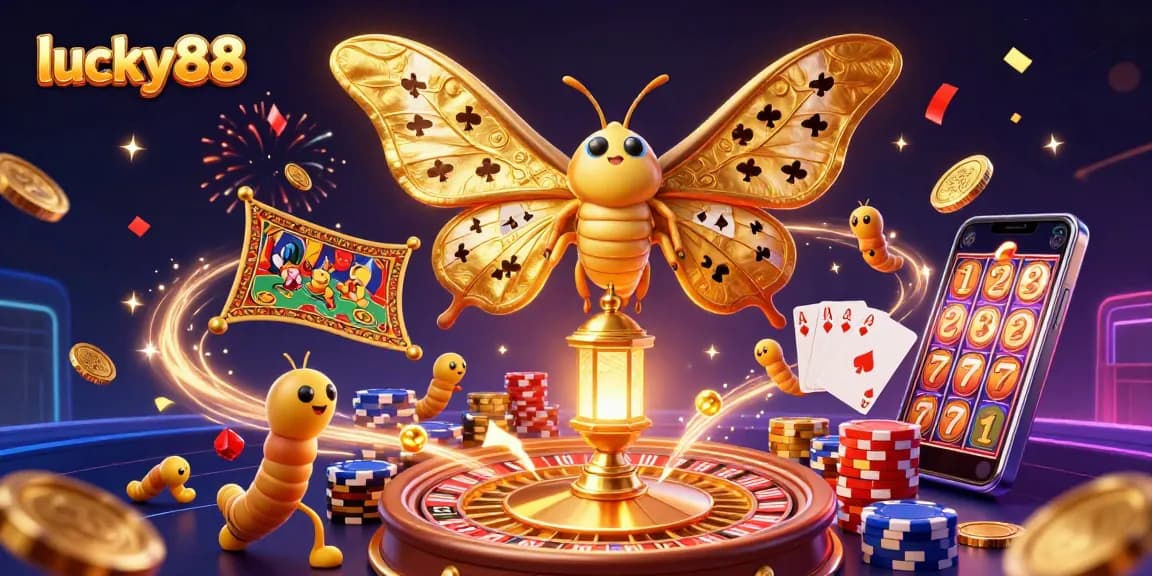 Catch the excitement of lucky88 with vibrant casino gaming elements, including golden coins and a spinning roulette wheel.
