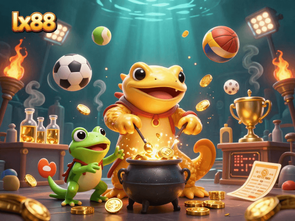 Experience the excitement of lx88 with golden alchemists transmuting coins amidst dynamic sports elements.