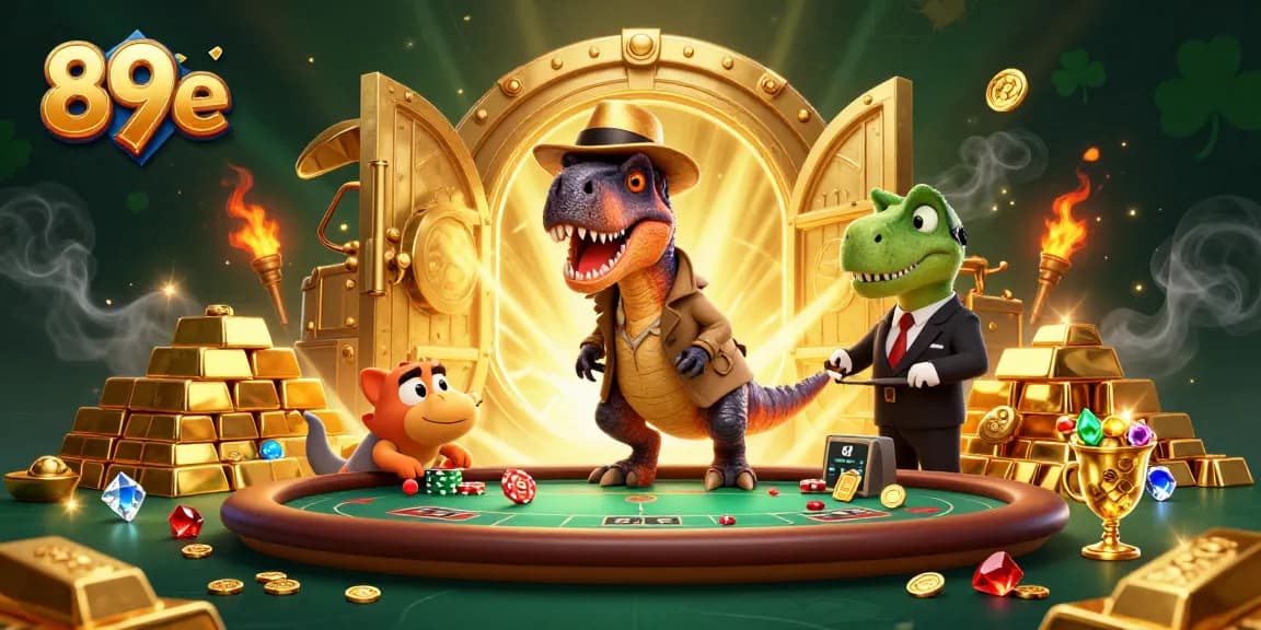 89e cartoon velociraptor card counter navigating a vibrant casino scene with treasure elements and dynamic lighting.