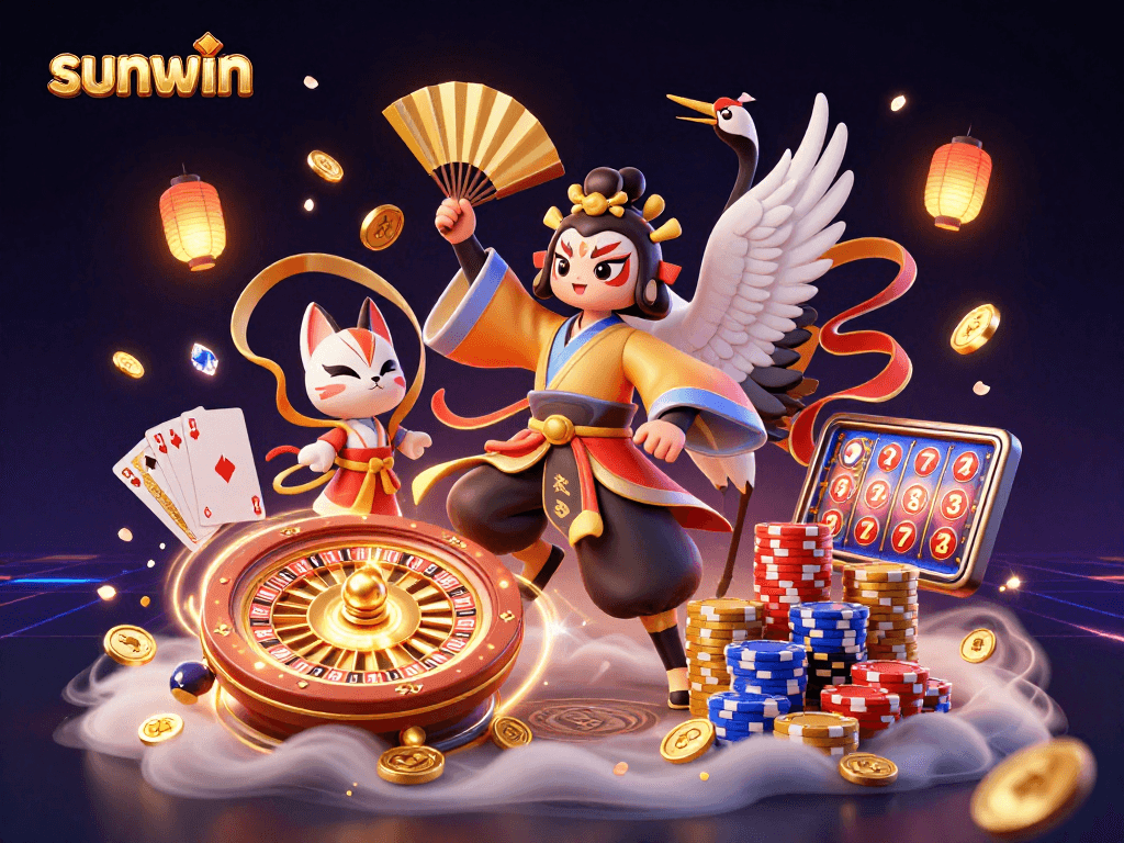 Experience thrilling wins at sunwin with a vibrant 3D casino scene featuring kabuki warriors and gaming elements.