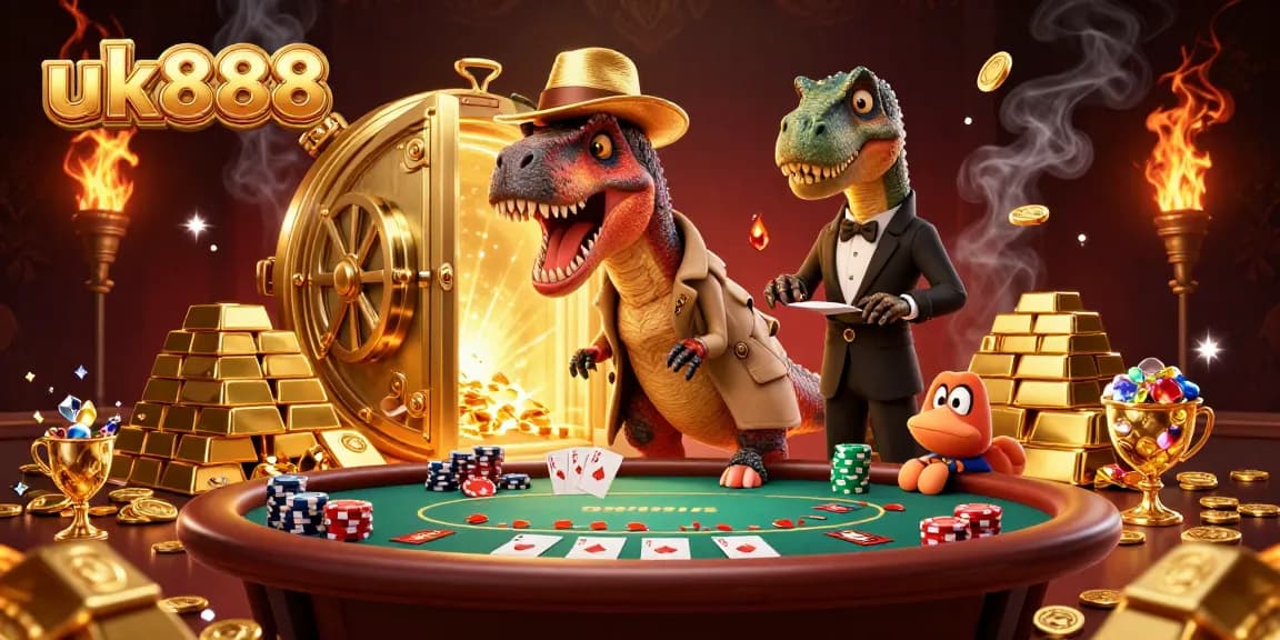 uk888 showcases a velociraptor card counter at a bustling blackjack table amidst gold treasures.