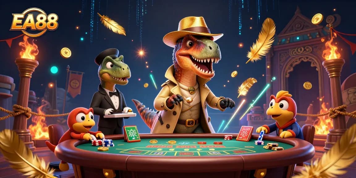 EA88 card counter velociraptor discreetly playing blackjack with coins and chips.