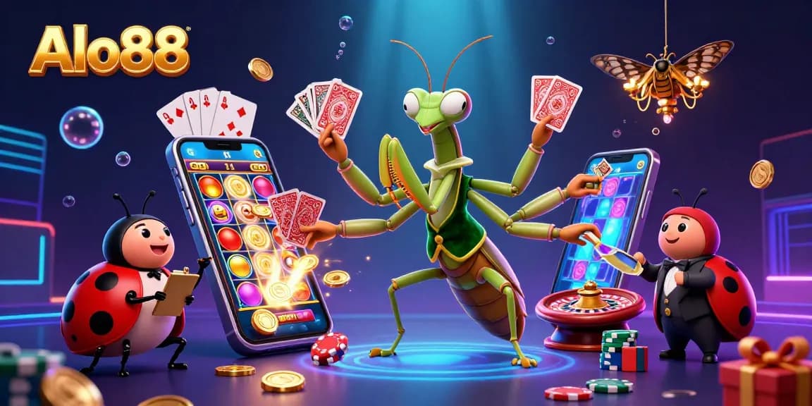 Alo88 features vibrant characters enjoying dynamic casino action with entertaining slot games and rich decorations.
