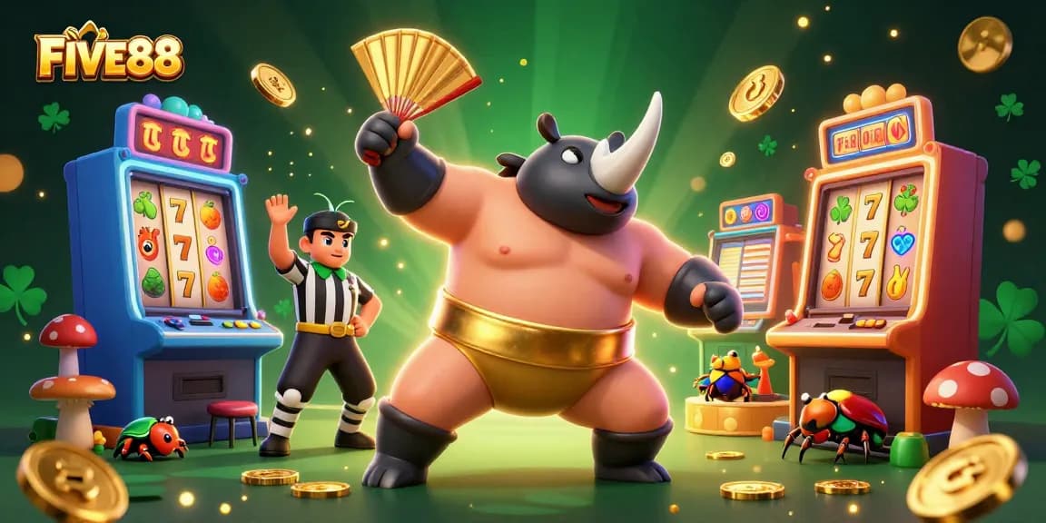 FIVE88 showcases a vibrant casino scene with a rhinoceros beetle champion amid flying coins and slot machines.
