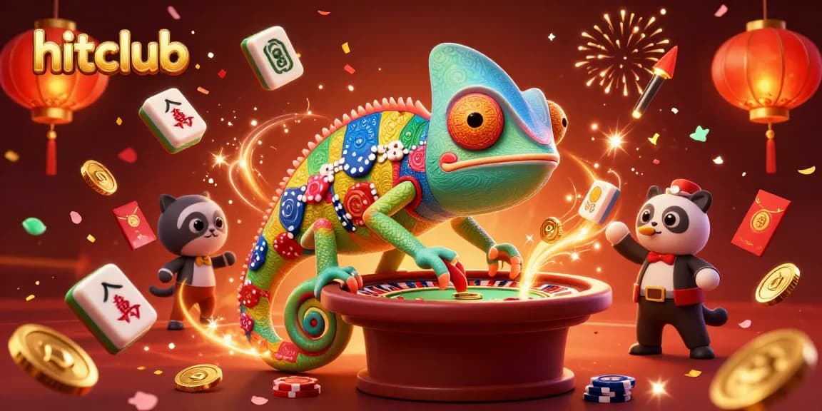 Hitclub chameleon casino owner captures golden coins amidst vibrant casino-themed elements.