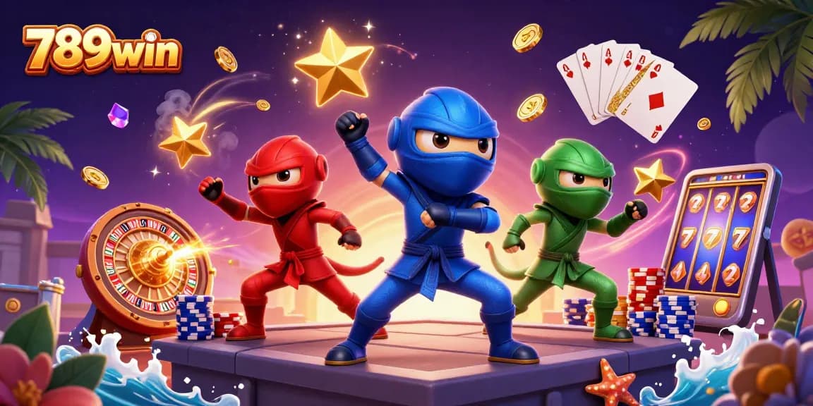 Experience thrilling gaming at 789win with synchronized chameleons surrounded by casino elements.