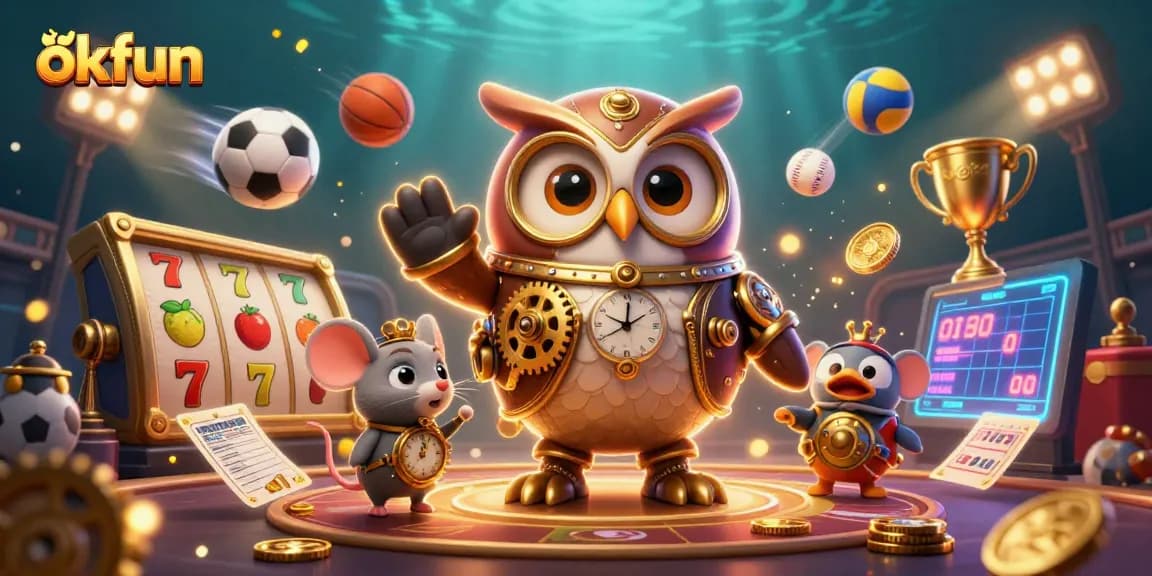 Experience the excitement of okfun with dynamic slot reels and vibrant casino elements in a rich 3D scene.