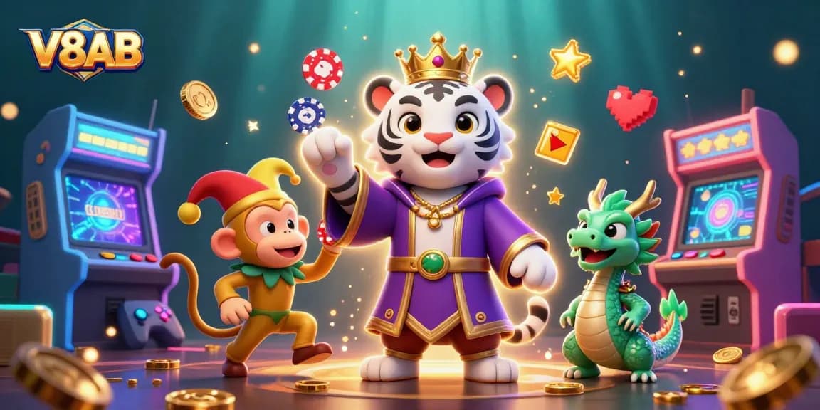 Experience thrilling gameplay with V8AB's vibrant casino scene featuring unique characters and game elements.