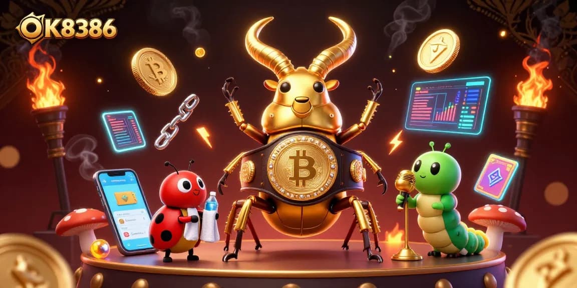 Bet on exciting outcomes with OK8386 featuring a golden beetle boxing champion among innovative crypto elements.