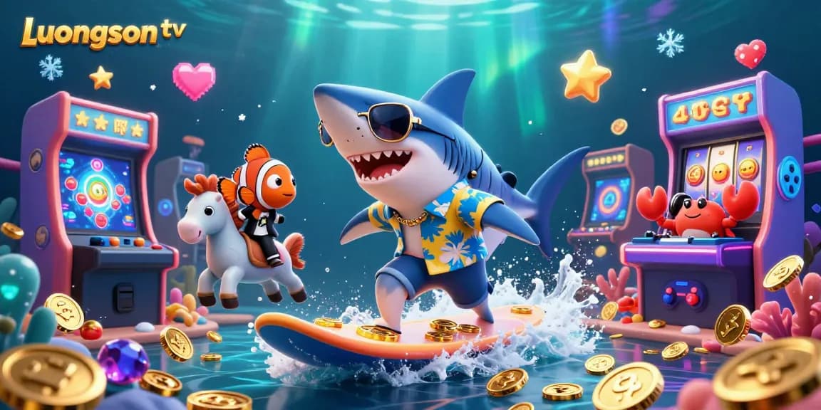 Enjoy thrilling action with Luongson tv as a shark dances on golden coins amidst vibrant gaming elements.