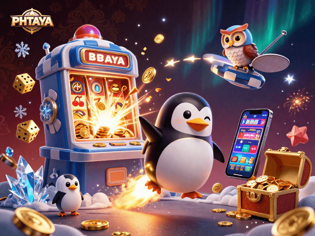 PHTAYA casino adventure with a golden penguin and jackpot explosion, highlighting the thrill of gaming.