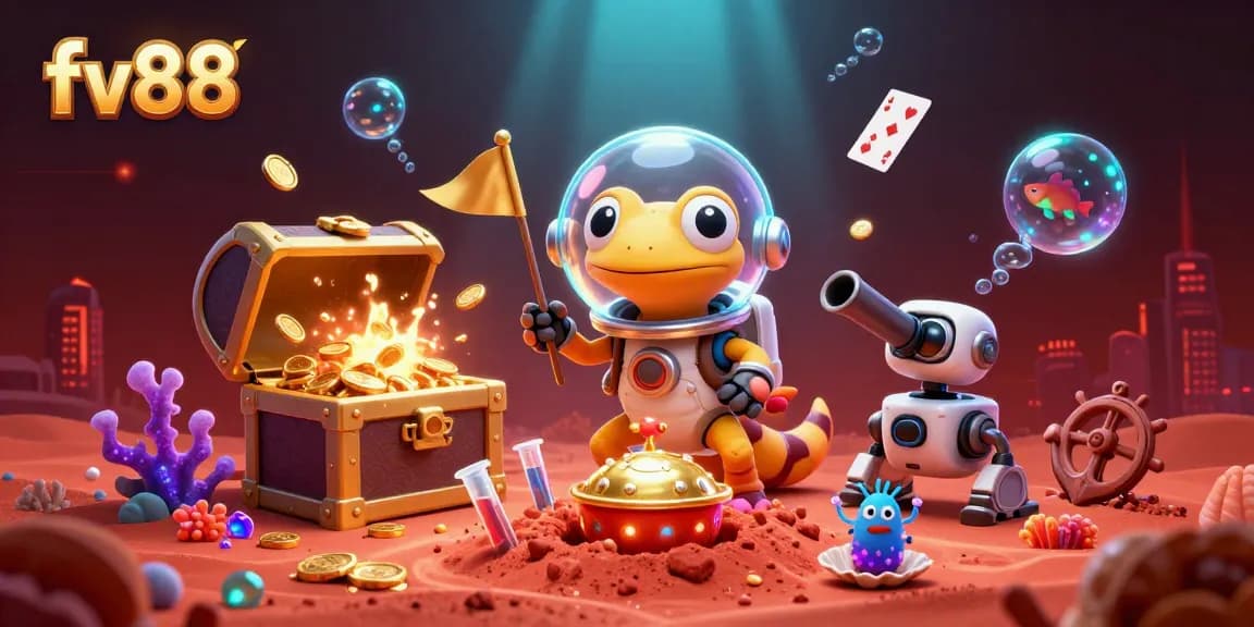 Experience excitement with fv88 as the Martian gecko explores a golden casino surrounded by riches.