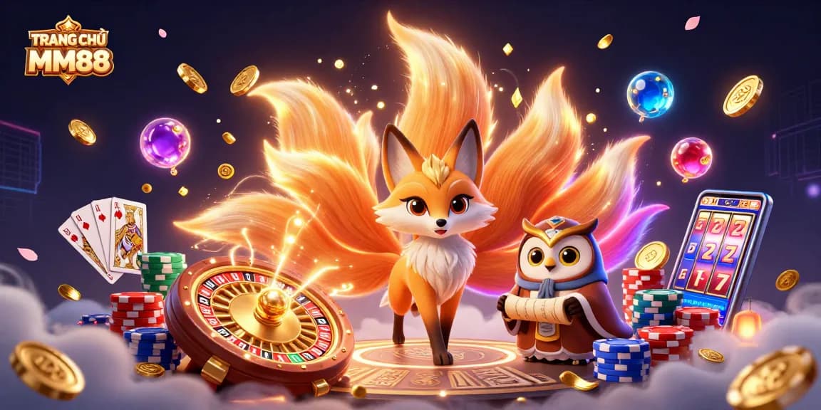 Engaging scene of TRANG CHỦ MM88 with a glowing fox spirit, owl sage, and vibrant casino elements.