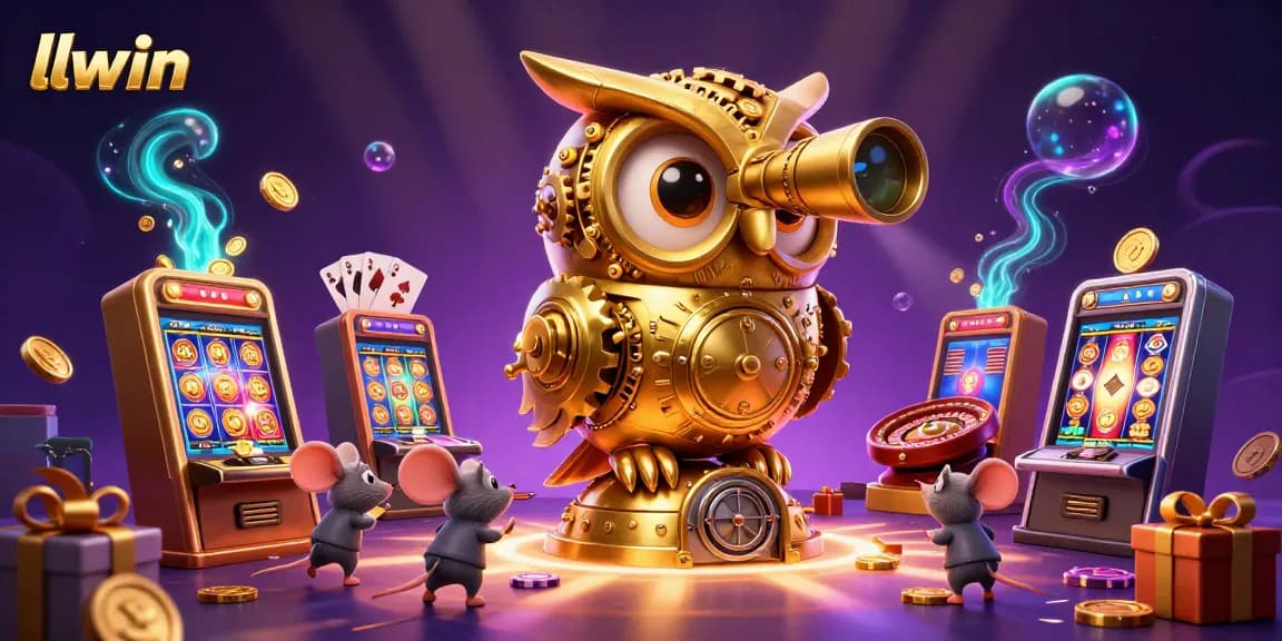 Experience thrilling gaming at llwin with a vibrant casino scene showcasing a golden owl and slot games.