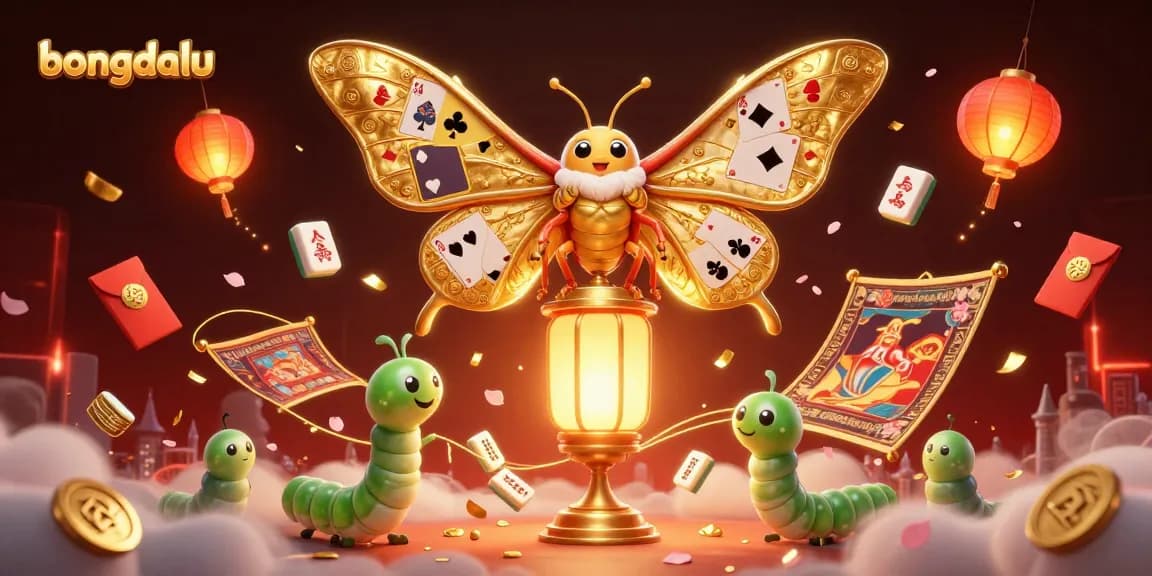 Bongdalu showcases a vibrant illustration of a golden-winged moth amidst rich casino symbols, celebrating gambling culture.