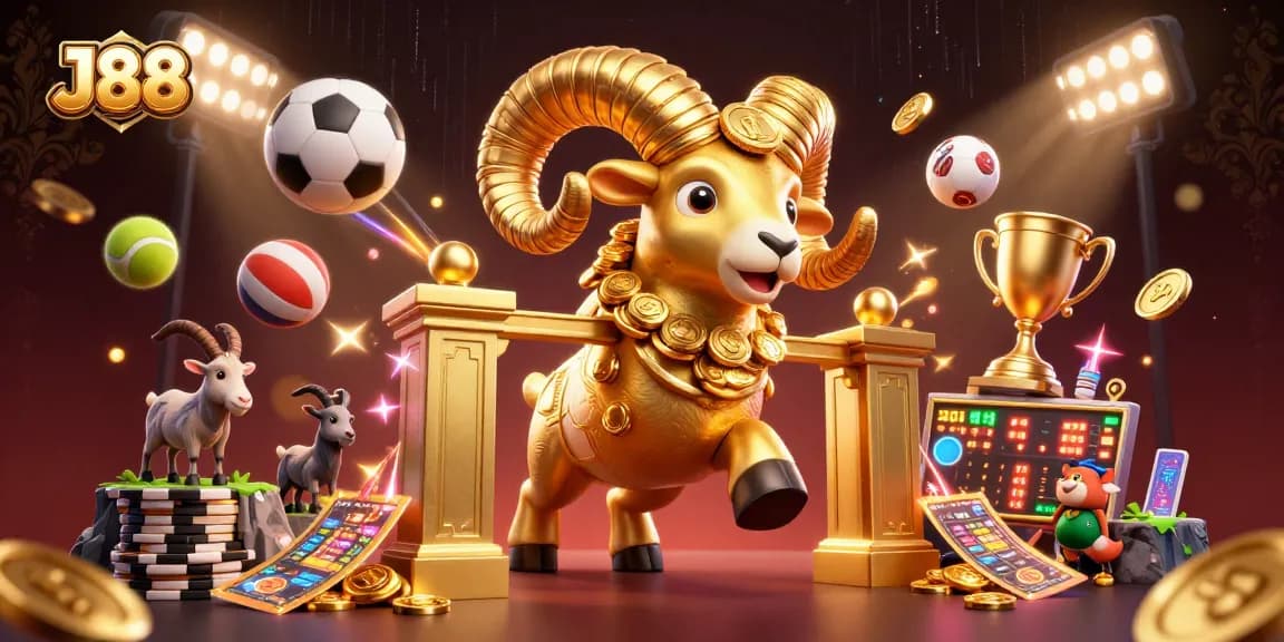 Experience the thrill of winning at J88 with a vibrant casino scene featuring a charging golden ram and dynamic sports elements.