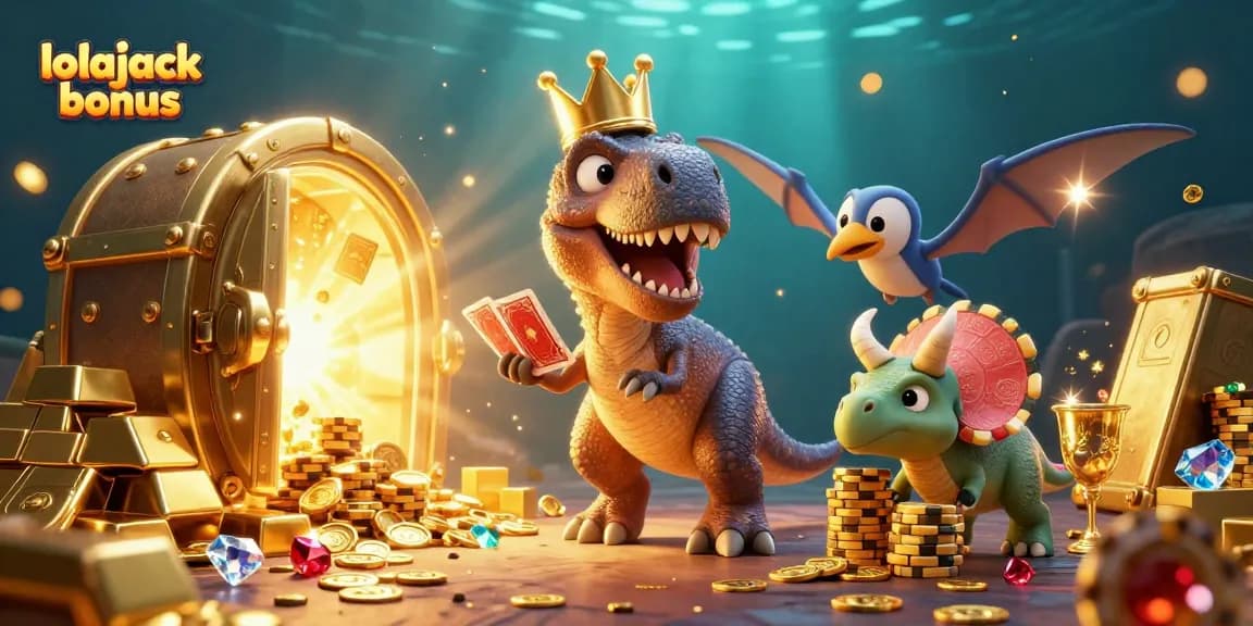 Experience the excitement of the lolajack casino bonus with vibrant characters and a treasure-filled scene.