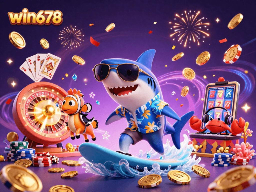 Experience the thrill of win678 with a vibrant casino-themed illustration featuring a shark and more!