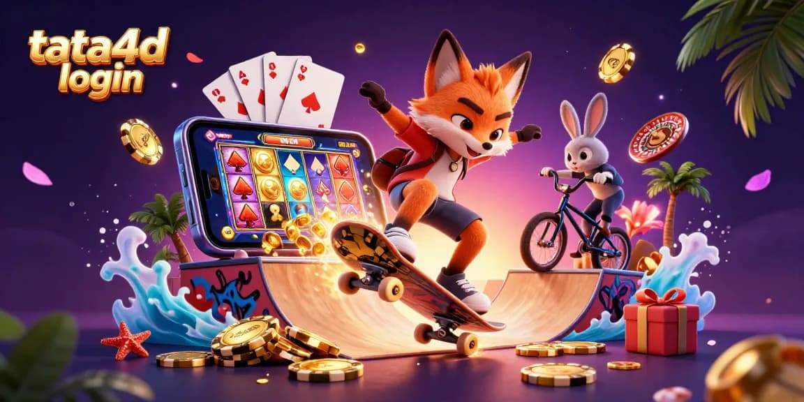 Win at tata4d login with a vibrant 3D casino scene showcasing a fox and rabbit in dynamic action.