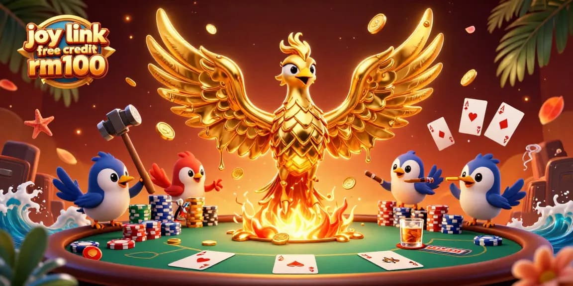 Experience excitement with joy link free credit rm100 featuring a golden phoenix and thrilling poker action.