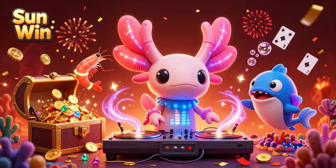 Experience the thrill of Sun Win at an underwater casino with vibrant 3D characters celebrating wins amid fireworks.