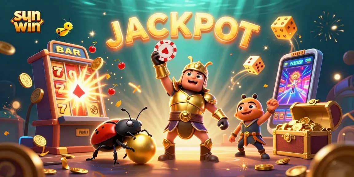 Experience the excitement of sun win with a winning beetle lifting chips, vibrant casino elements, and jackpot visuals