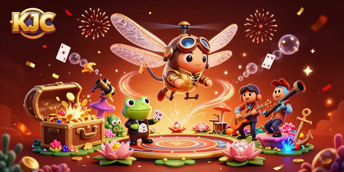 Experience thrilling gaming at KJC with a vibrant casino scene featuring cartoon characters.