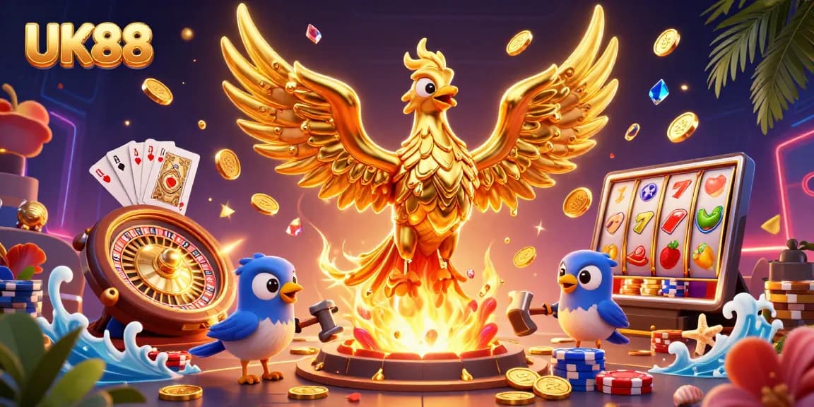 Experience thrilling slots with UK88's vibrant, immersive 3D casino art showing golden coins and jackpots.
