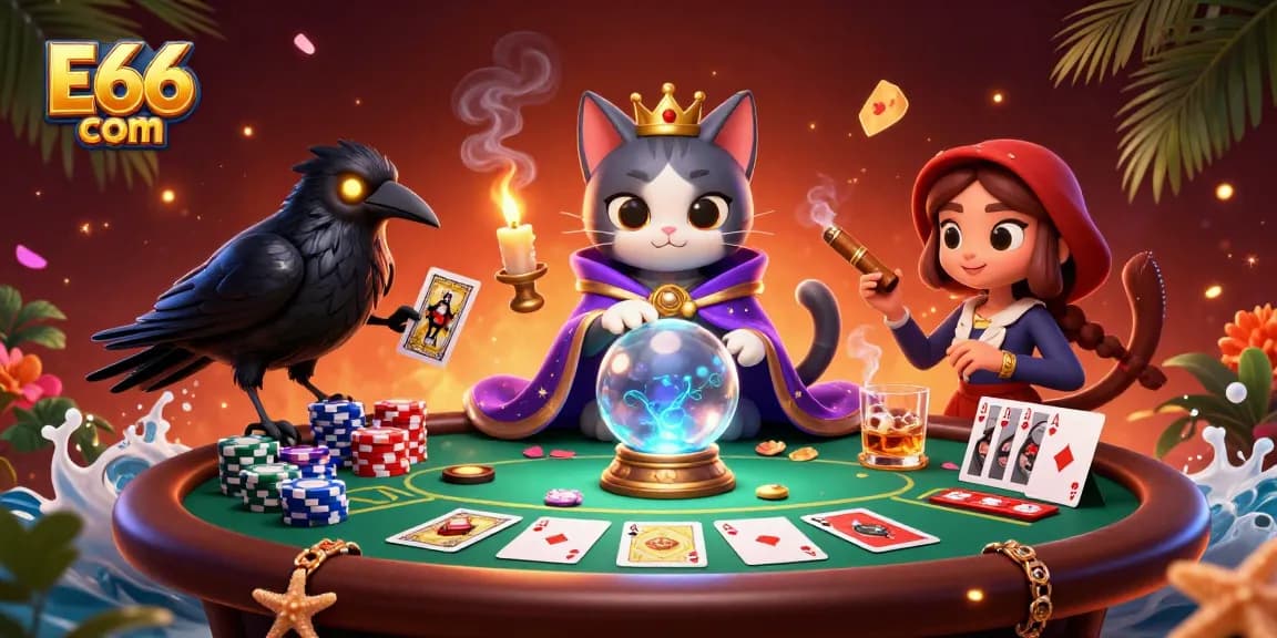 Jogue slots no E66 com, vivenciando uma mesa de poker animada e personagens místicos.