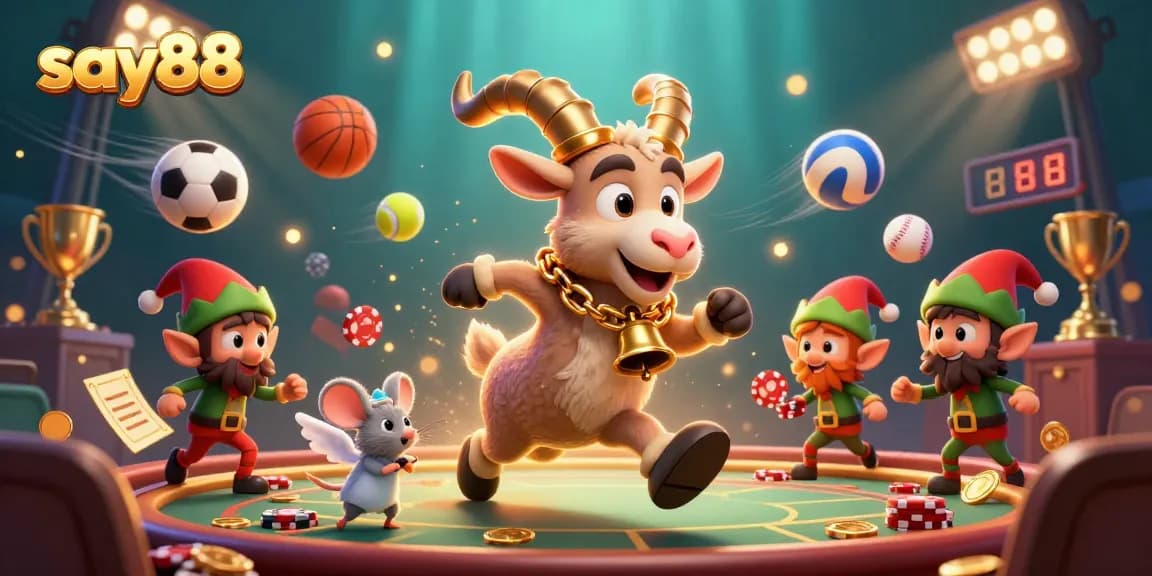 Play and win at say88 with Krampus and festive characters in a holiday casino scene.