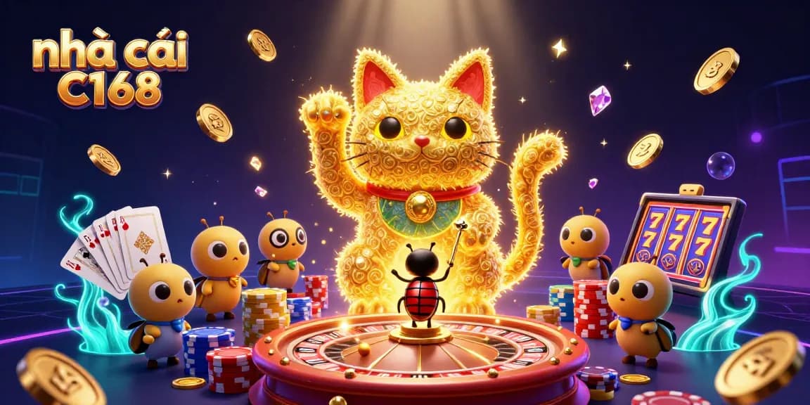 Engage with nhà cái C168's thrilling 3D casino scene featuring a lucky cat, vibrant symbols, and dynamic winnings.