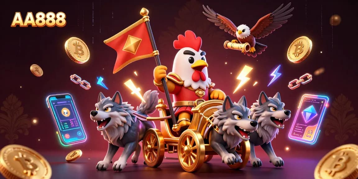 Engage in thrilling casino adventures with AA888's dynamic 3D rooster warlord illustration.